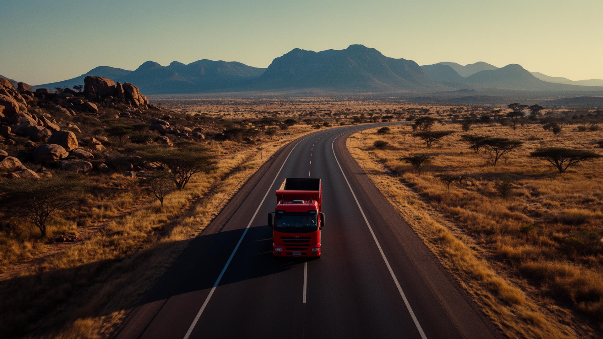 Aerial view of a side-tipper truck on a Southern African corridor at golden hour